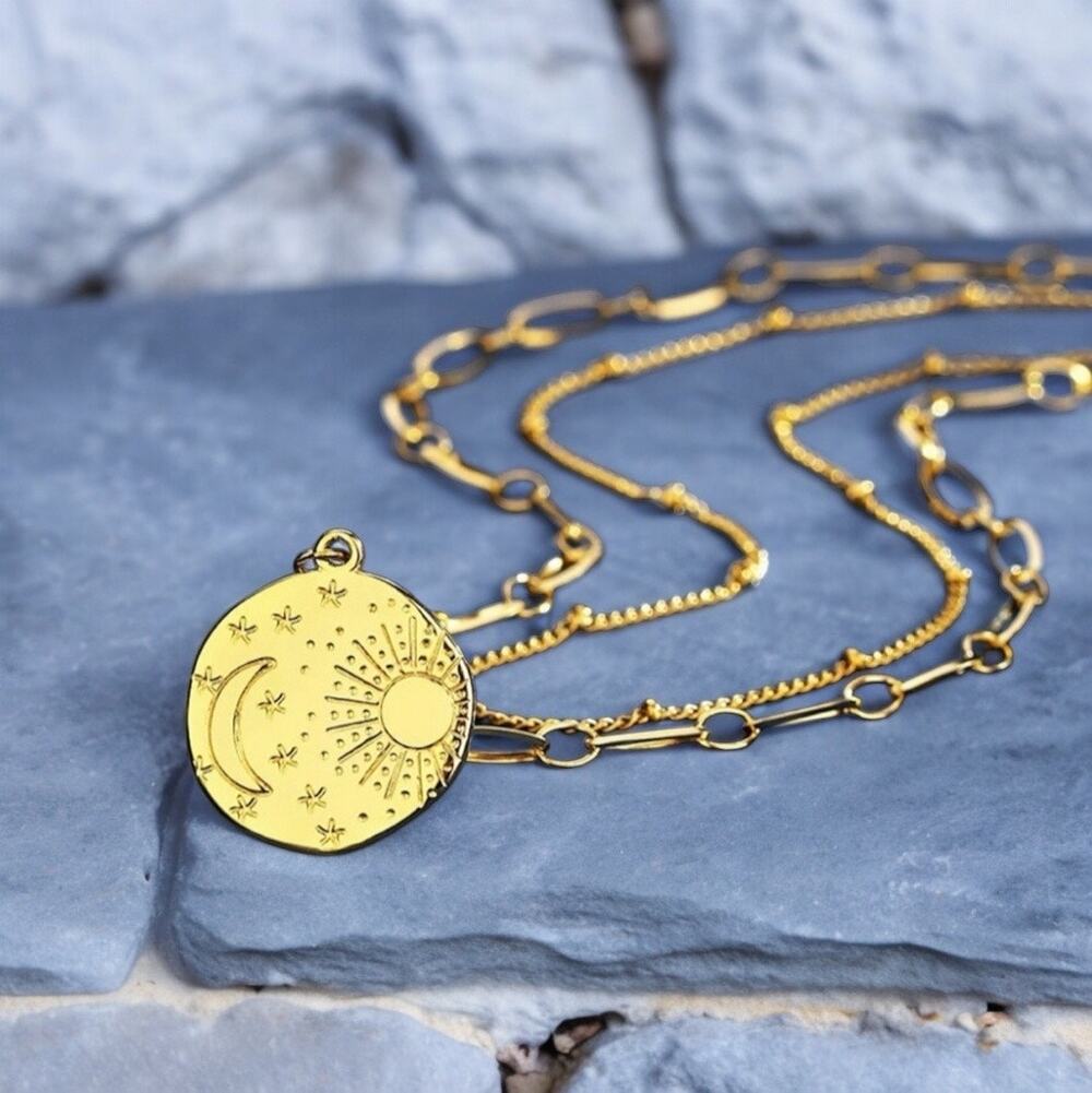 NEW 18K yellow gold plated star sun moon paper clip chain necklace jewelry B16A